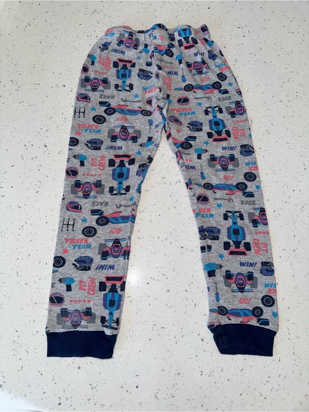 Kids Grey Racing-Print Pajama Pants with Blue & Pink Accents